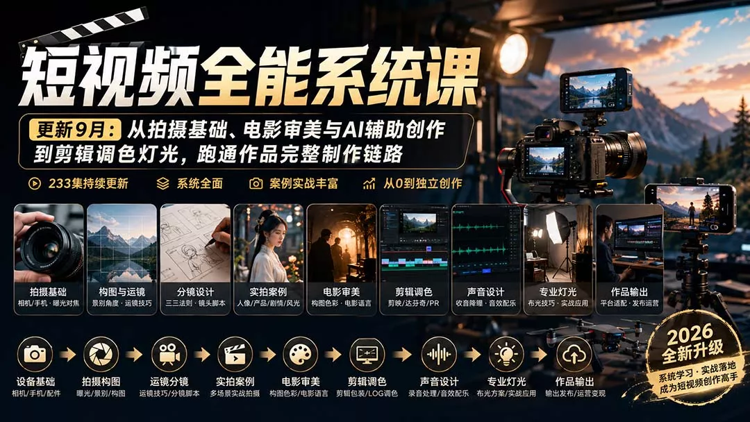 短视频全能系统课-9月完整版：从拍摄基础、电影审美与AI辅助创作到剪辑调色灯光，跑通作品完整制作链路-羽哥创业课堂