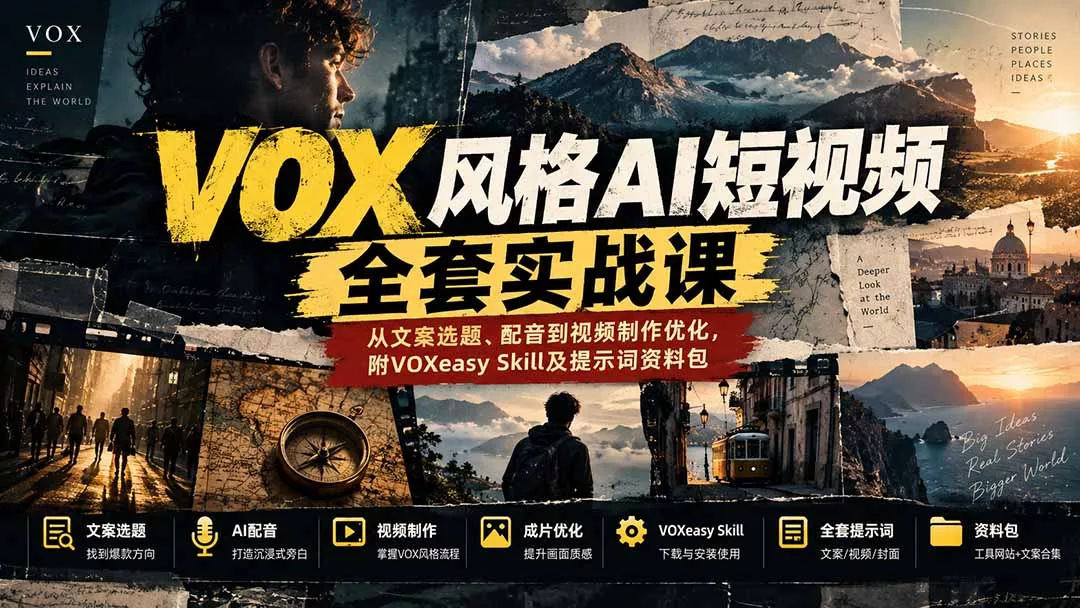 【无水印】VOX风格AI短视频全套实战课:从文案选题、配音到视频制作优化,附VOXeasy Skill及提示词资料包-羽哥创业课堂