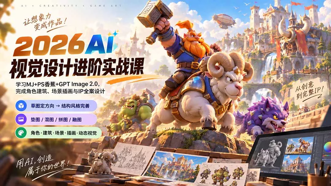 2026AI视觉设计进阶实战课-更新:学习MJ+PS香蕉+GPT Image 2.0,完成角色建筑、场景插画与IP全案设计-羽哥创业课堂