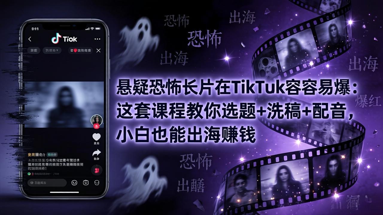 悬疑恐怖长片在TikTok最容易爆：这套课程教你选题+洗稿+配音，小白也能出海赚钱-羽哥创业课堂