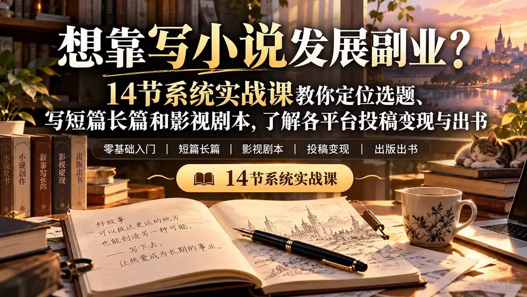【无水印】想靠写小说发展副业？14节系统实战课教你定位选题、写短篇长篇和影视剧本，了解各平台投稿变现与出书