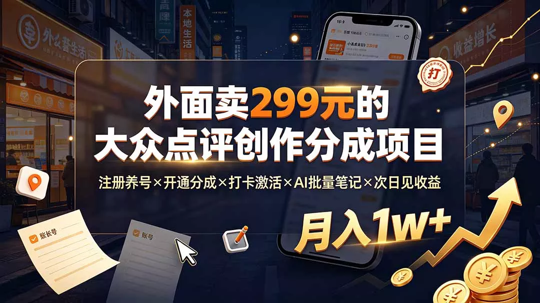 外面卖299元的大众点评创作分成项目：注册养号×开通分成×打卡激活×AI批量笔记×次日见收益，月入1w+-羽哥创业课堂