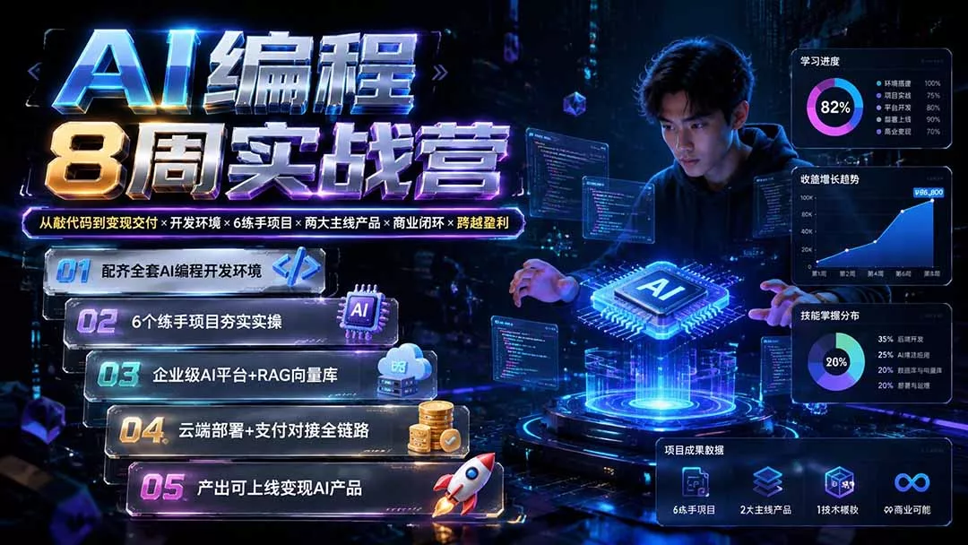AI编程8周实战营:从敲代码到变现交付×开发环境×6练手项目×两大主线产品×商业闭环×跨越盈利-羽哥创业课堂