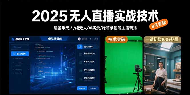 2025无人直播实战技术-8月，涵盖半无人/纯无人/AI实景/绿幕录播等主流玩法-羽哥创业课堂