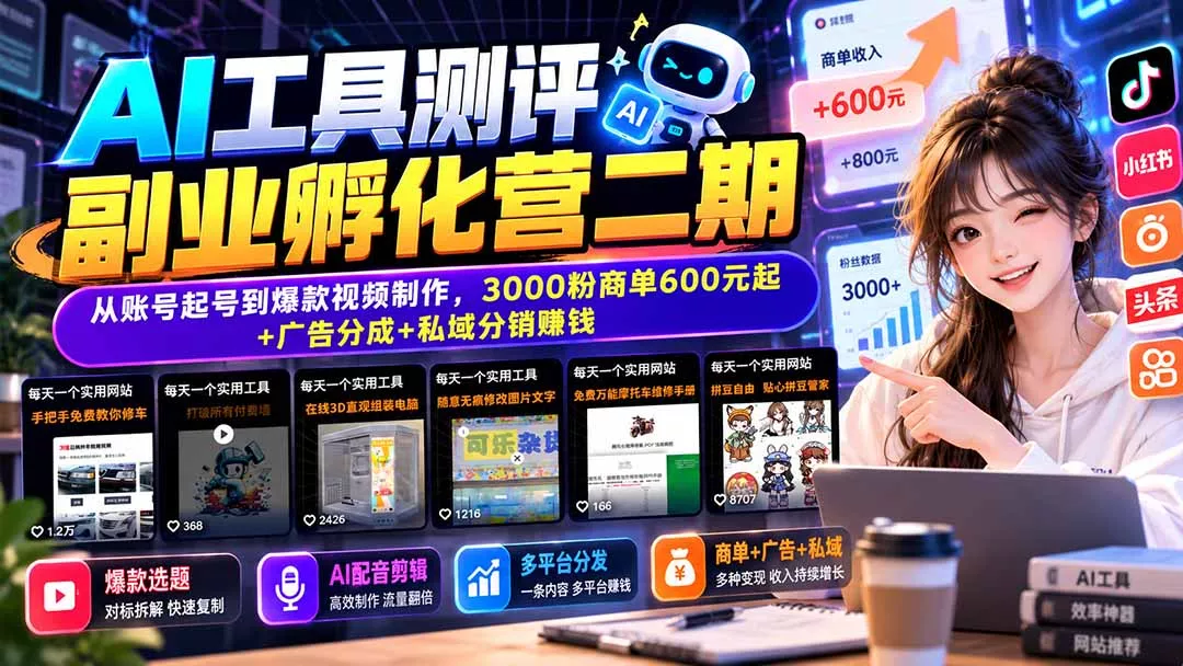AI工具测评副业孵化营二期：从账号起号到爆款视频制作，3000粉商单600元起+广告分成+私域分销赚钱-羽哥创业课堂