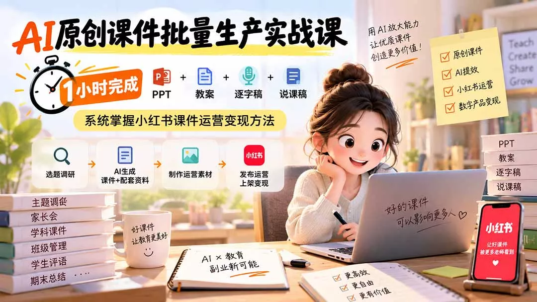 AI原创课件批量生产实战课:1小时完成PPT+教案+逐字稿+说课稿,系统掌握小红书课件运营变现方法-羽哥创业课堂