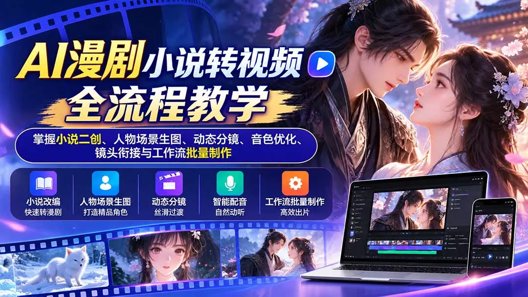 AI漫剧小说转视频全流程教学:掌握小说二创、人物场景生图、动态分镜、音色优化、镜头衔接与工作流批量制作-羽哥创业课堂